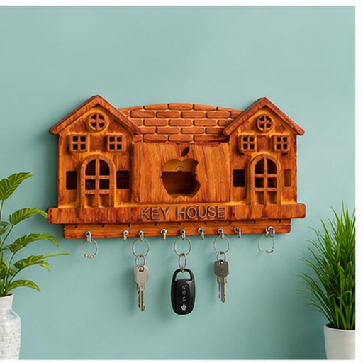Wooden Style Plastic Key Holder for Wall with 6 Hooks | Decorative House Shape Key Hanger & Organizer for Home, Office & Entryway