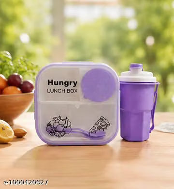 Hungry Lunch Box for Kids with Free Water Bottle | 2 Compartment Lunch Box with Spoon, Portable Food Container for School, Picnic & Travel