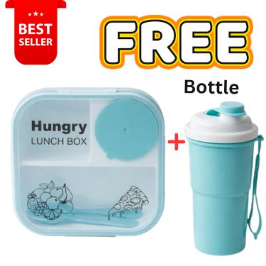 Hungry Lunch Box for Kids with Free Water Bottle | 2 Compartment Lunch Box with Spoon, Portable Food Container for School, Picnic & Travel
