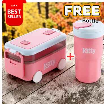 Kitty Kids Lunch Box with Water Bottle | Portable 2-Piece Tiffin Set for School, Picnic, Travel & Everyday Use