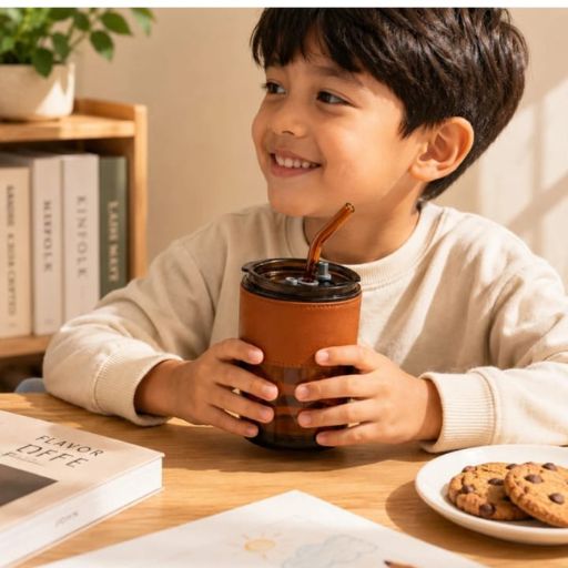 Magic Sipper Glass 400ML with Straw & Leak-Proof Slider Lid | Stylish Reusable Drinking Tumbler with Leather-Style Sleeve for Home, Office, School & Travel