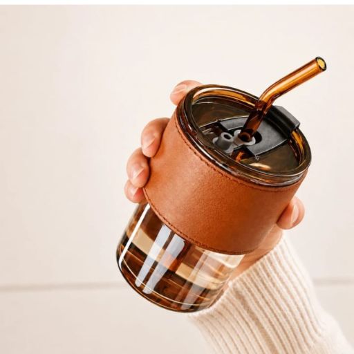 Magic Sipper Glass 400ML with Straw & Leak-Proof Slider Lid | Stylish Reusable Drinking Tumbler with Leather-Style Sleeve for Home, Office, School & Travel