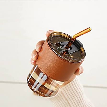 Magic Sipper Glass 400ML with Straw & Leak-Proof Slider Lid | Stylish Reusable Drinking Tumbler with Leather-Style Sleeve for Home, Office, School & Travel