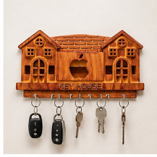 Wooden Style Plastic Key Holder for Wall with 6 Hooks | Decorative House Shape Key Hanger & Organizer for Home, Office & Entryway