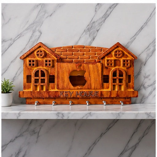 Wooden Style Plastic Key Holder for Wall with 6 Hooks | Decorative House Shape Key Hanger & Organizer for Home, Office & Entryway