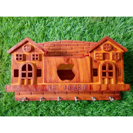 Wooden Style Plastic Key Holder for Wall with 6 Hooks | Decorative House Shape Key Hanger & Organizer for Home, Office & Entryway