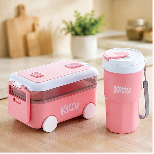 Kitty Kids Lunch Box with Water Bottle | Portable 2-Piece Tiffin Set for School, Picnic, Travel & Everyday Use