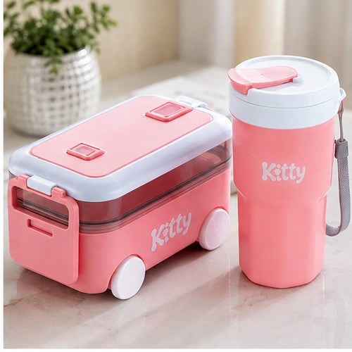 Kitty Kids Lunch Box with Water Bottle | Portable 2-Piece Tiffin Set for School, Picnic, Travel & Everyday Use