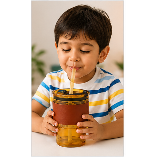 Magic Sipper Glass 400ML with Straw & Leak-Proof Slider Lid | Stylish Reusable Drinking Tumbler with Leather-Style Sleeve for Home, Office, School & Travel