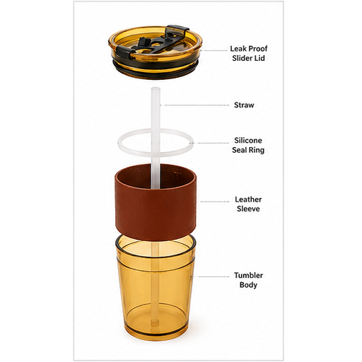 Magic Sipper Glass 400ML with Straw & Leak-Proof Slider Lid | Stylish Reusable Drinking Tumbler with Leather-Style Sleeve for Home, Office, School & Travel