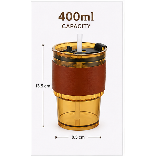 Magic Sipper Glass 400ML with Straw & Leak-Proof Slider Lid | Stylish Reusable Drinking Tumbler with Leather-Style Sleeve for Home, Office, School & Travel