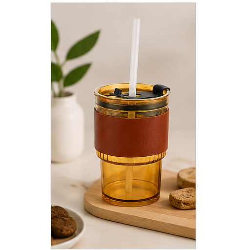 Magic Sipper Glass 400ML with Straw & Leak-Proof Slider Lid | Stylish Reusable Drinking Tumbler with Leather-Style Sleeve for Home, Office, School & Travel